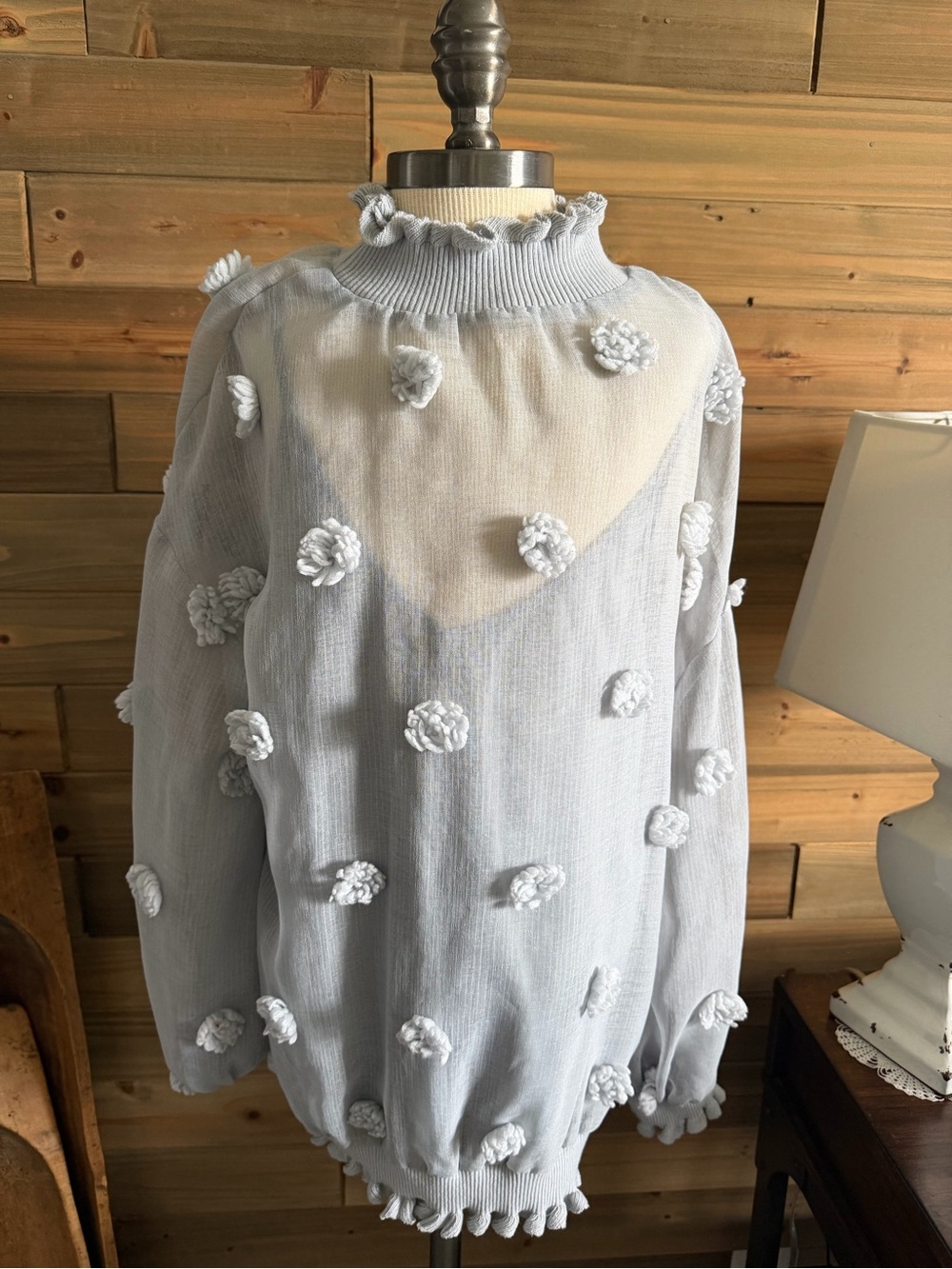 entro Pale Blue Pom-Pom Ruffled Mock Neck Sweater